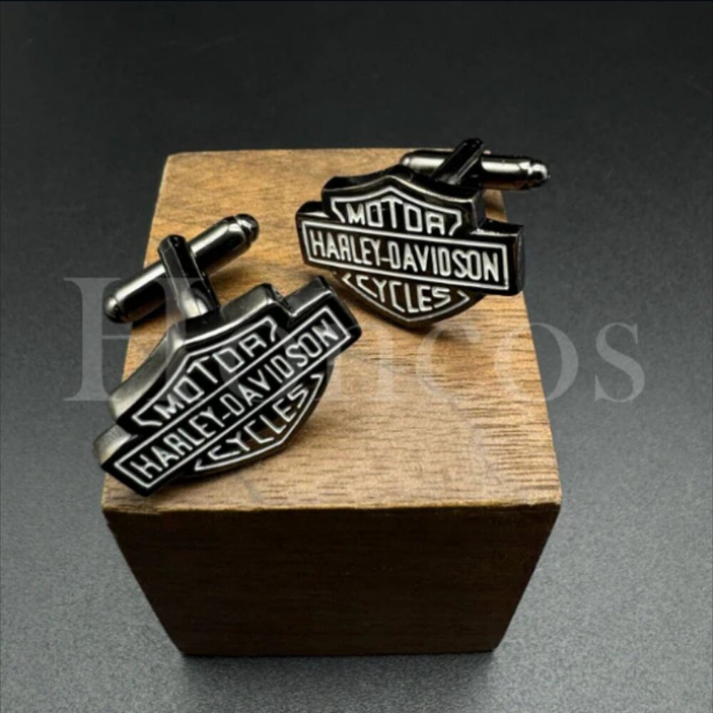 Custom Made Cufflinks Handmade Harley Davidson Black White Bar Shield Vintage